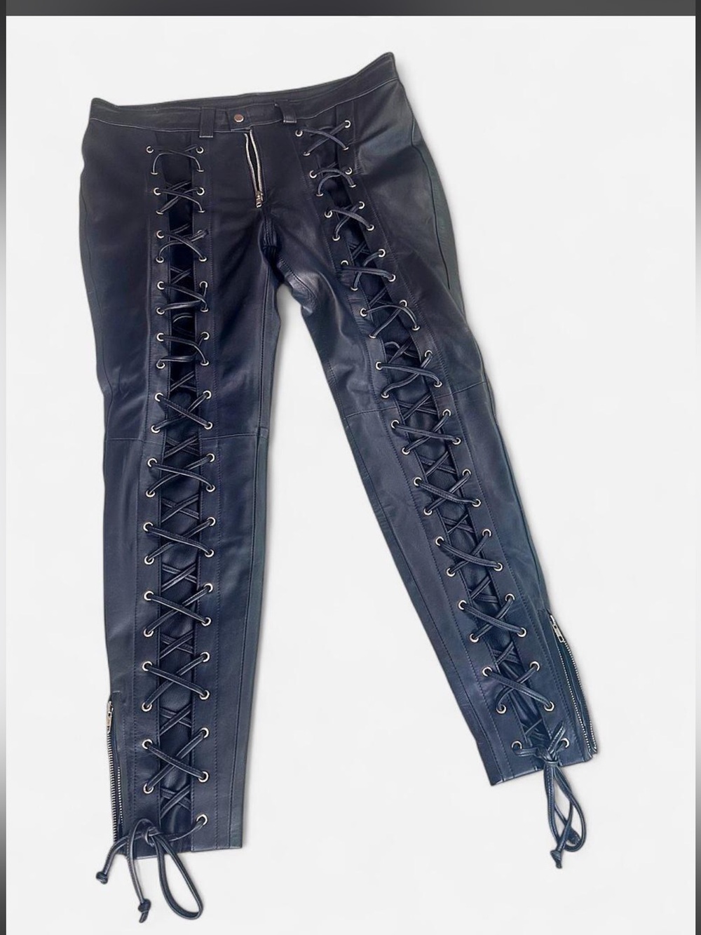 NWOT Vintage custom Lambskin Leather Laceup Biker pants Black - Women